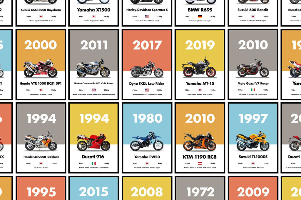 Colorful set of bike posters with specific details designed in a collectible style