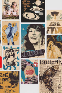 taylor swift posters collage on a wall behind a bed