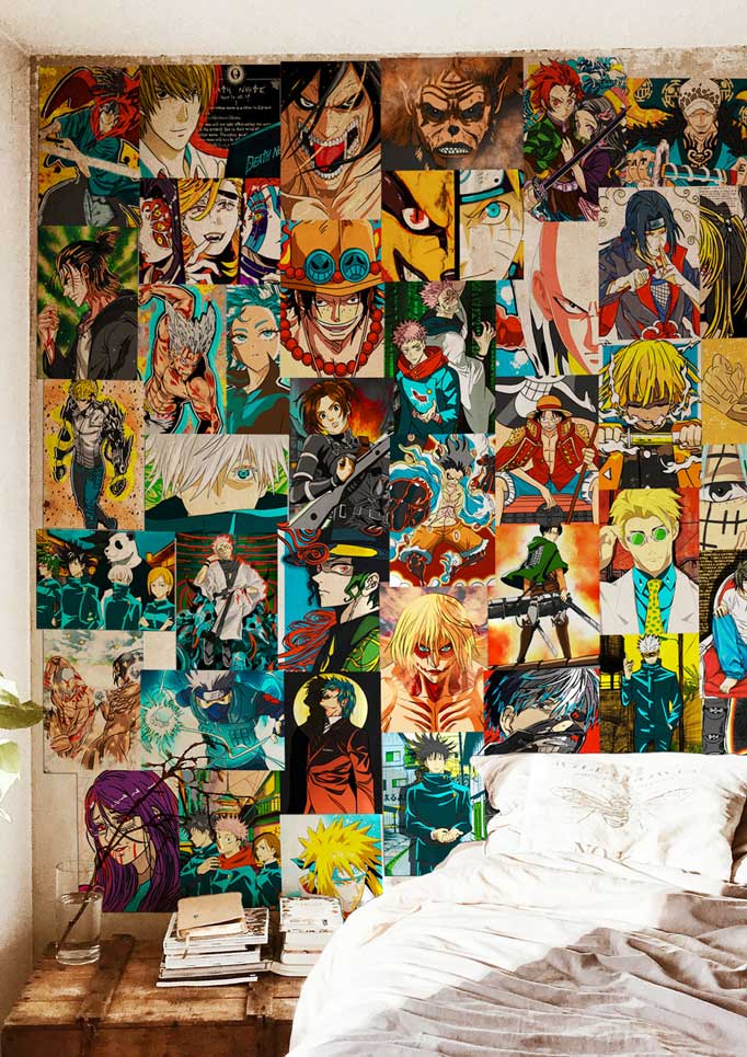 Colorful anime posters collage kit in bedroom wall