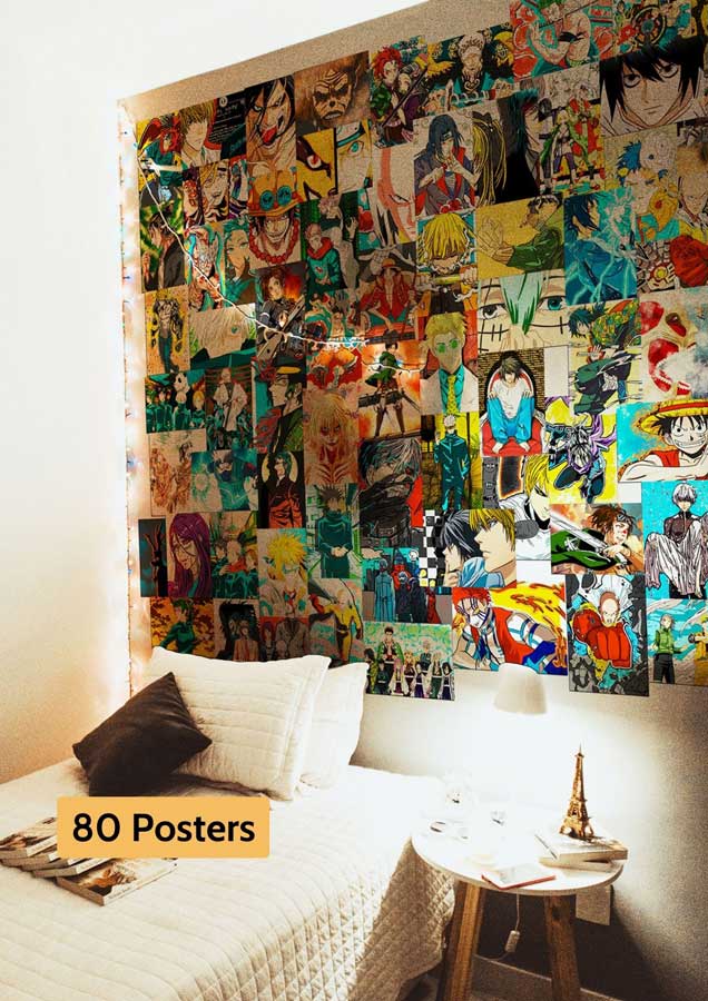 Anime collage posters on bedroom wall