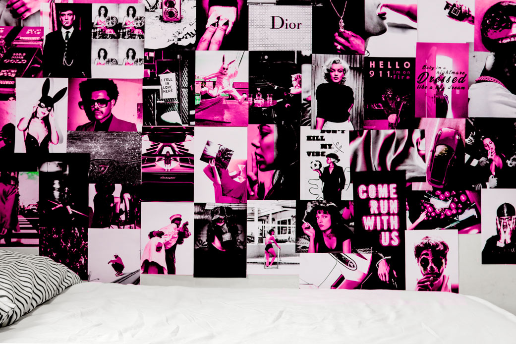 Pink Collage kit posters in bedroom
