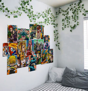 Demon Slayer Anime Posters Collage on a bedroom wall with vines