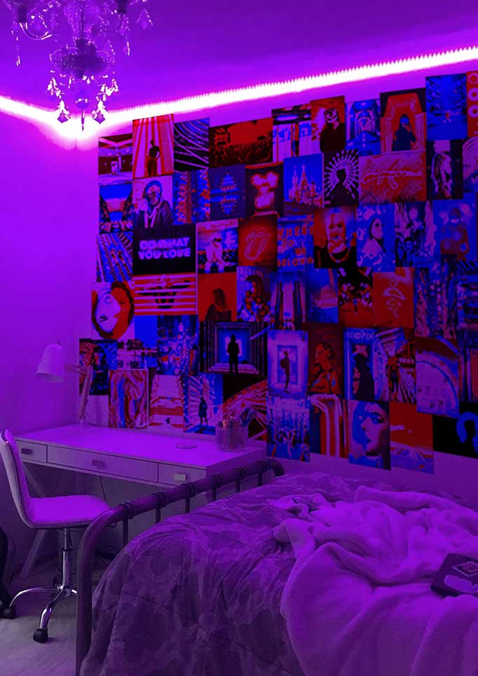 Trippy neon posters collage in a room with purple led strip lights