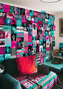 Trippy pink and teal posters collage kit behind a couch in living room