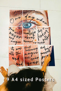 girl sitting with block kit 9 A4 set posters on the floor