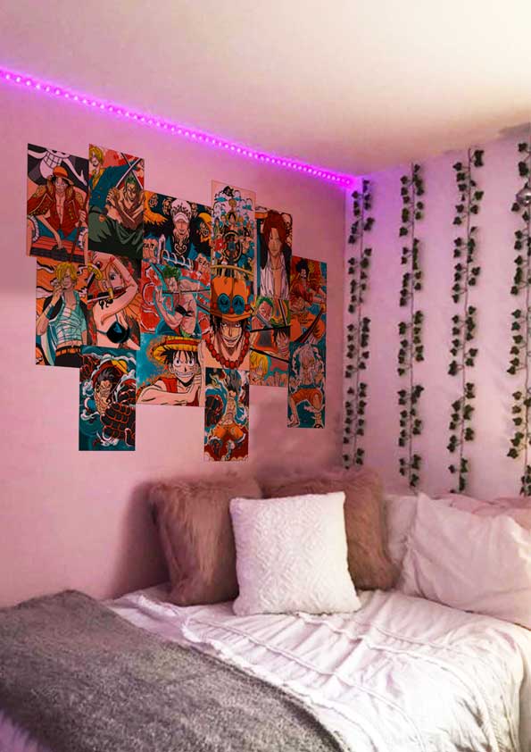 One Piece Anime Posters Collage on bedroom wall with vines & led strip lights