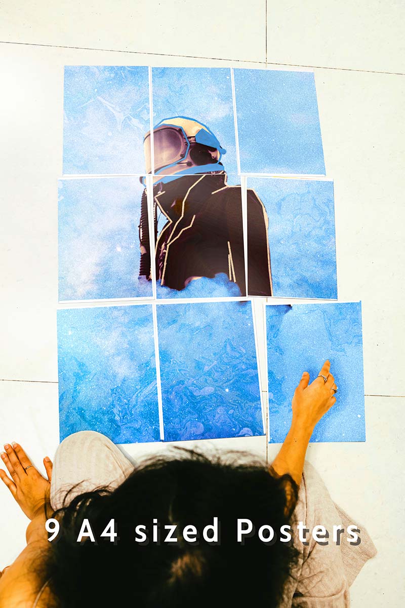 girl sitting with Smoke Star block kit 9 A4 set posters on the floor