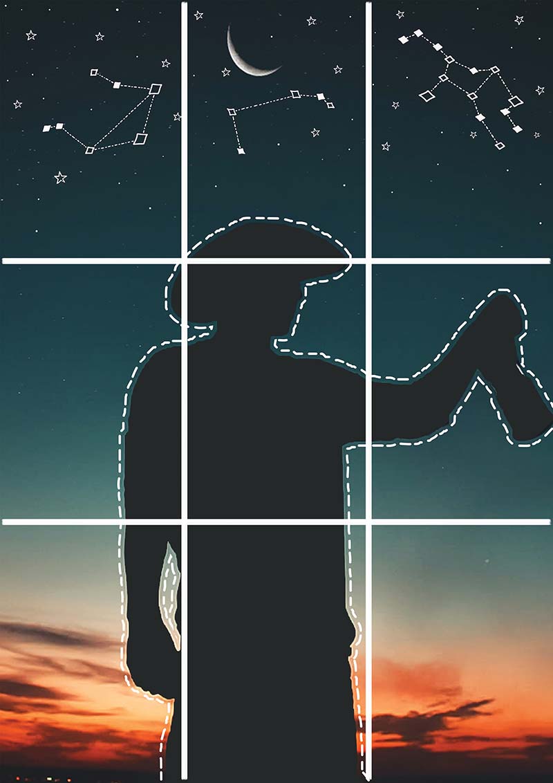 Doodled poster of a boy at sunset with stars above