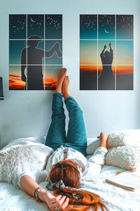 girl lying on bed and resting her legs on the wall with two big block kit posters