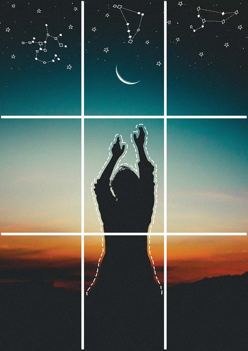 Block Kit poster of a girl rising her hands towards the stars at sunset