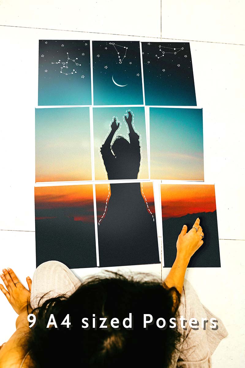 girl sitting with block kit 9 A4 set posters on the floor