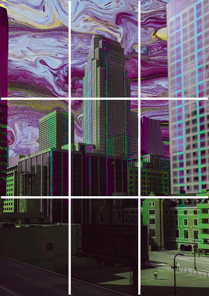 Block kit 9 A4 posters of a a city with purple skies
