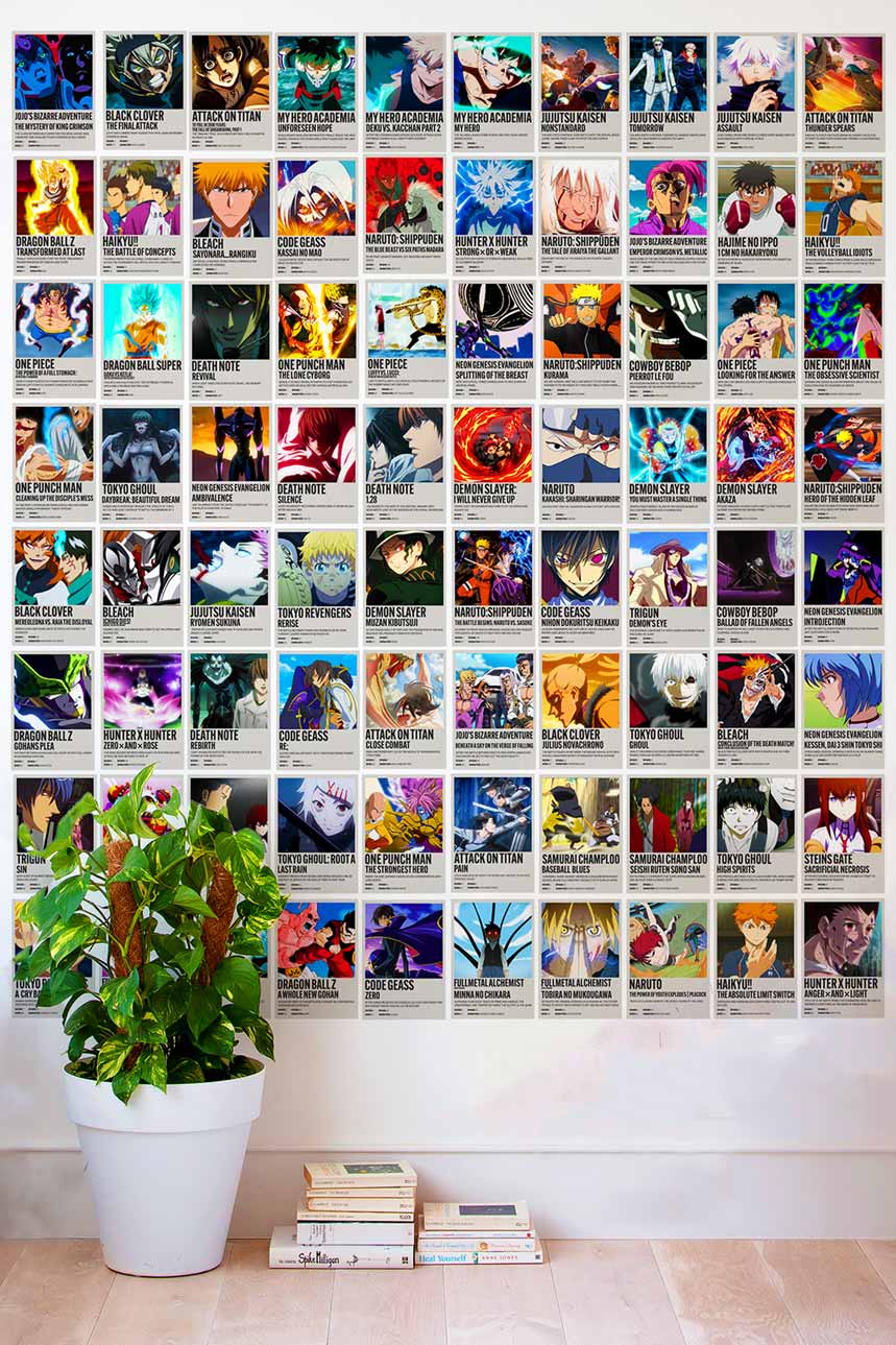anime polaroid posters collage on a wall next to a money plant and a stack of books on the floor