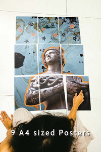 girl sitting with 9 set posters on the floor