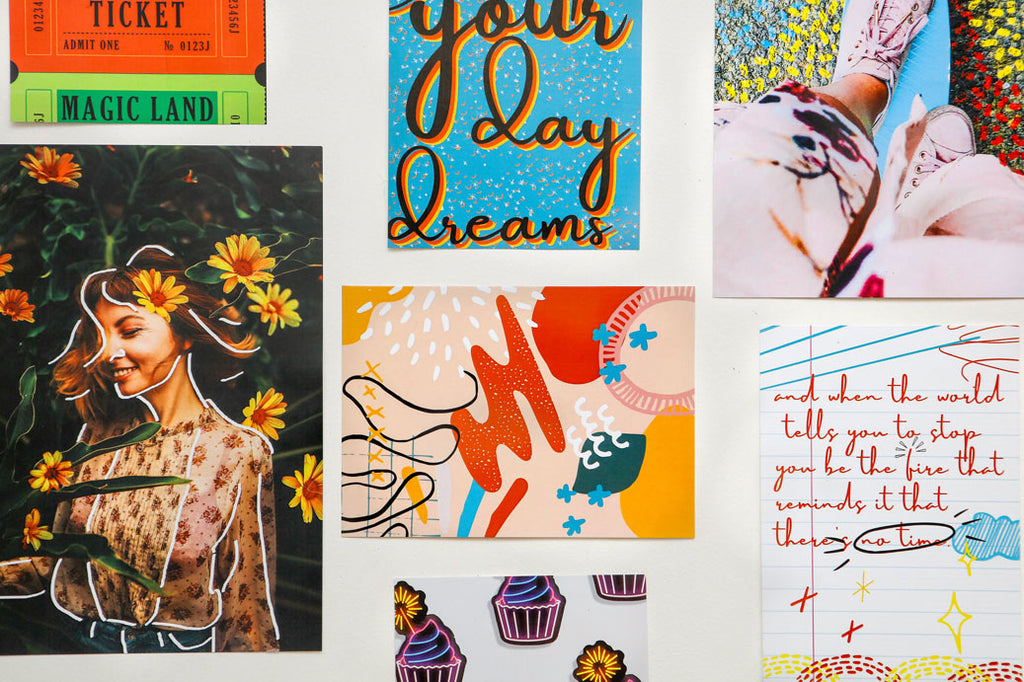 colorful doodled mini kit posters on wall