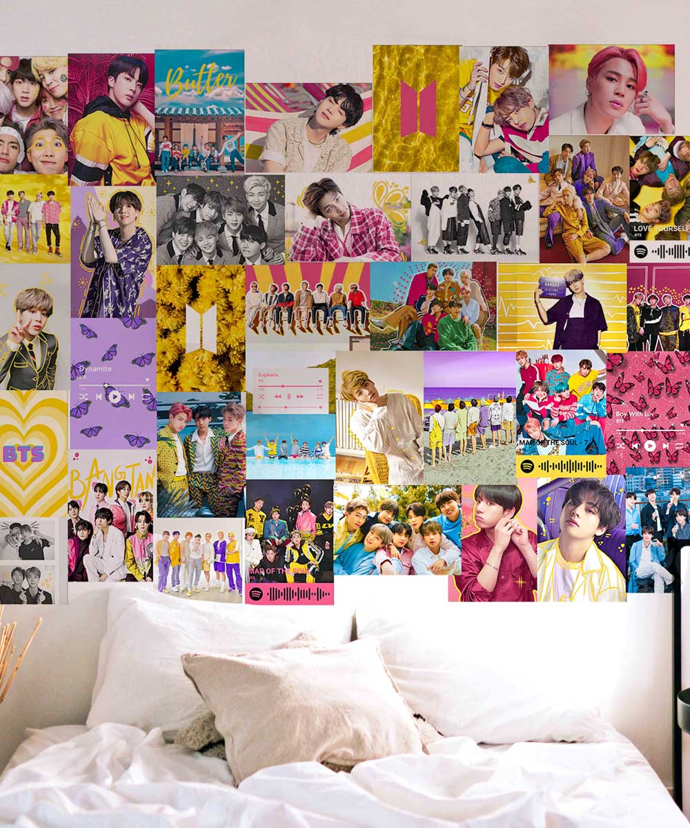 BTS Kpop collage posters on a wall behind a bed